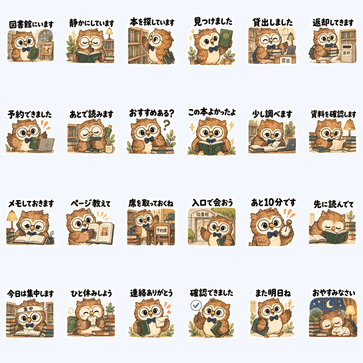 นกฮูกคุยเรื่องห้องสมุด — ตัวอย่างครบ 24 ภาพ