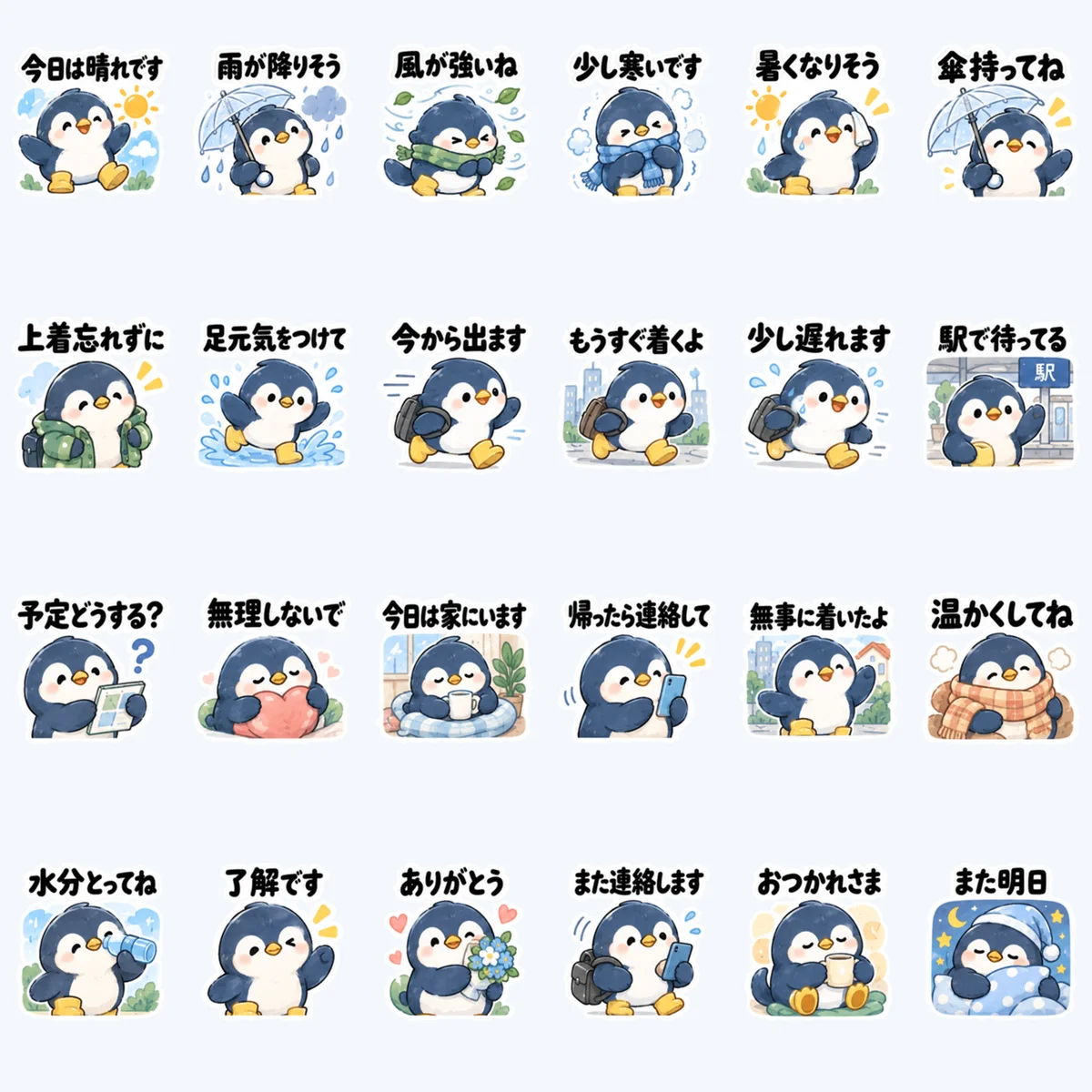 Watercolor Penguin Weather — All 24 stickers