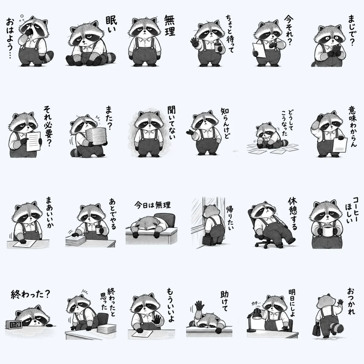 Dry Raccoon Reactions in Japanese — All 24 stickers