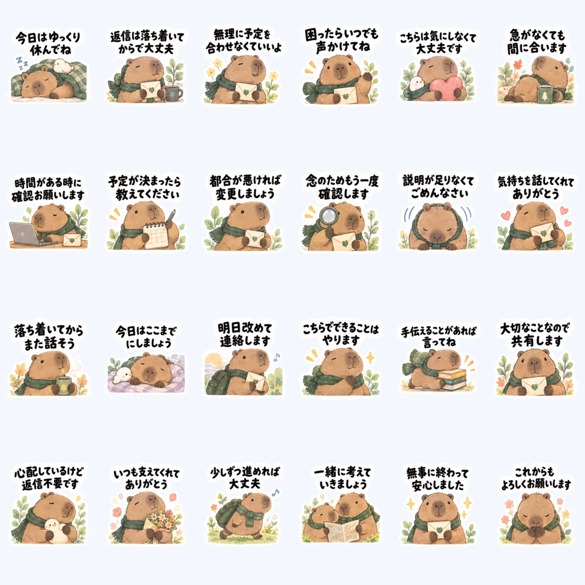 คาปิบาราส่งข้อความใส่ใจ — ตัวอย่างครบ 24 ภาพ