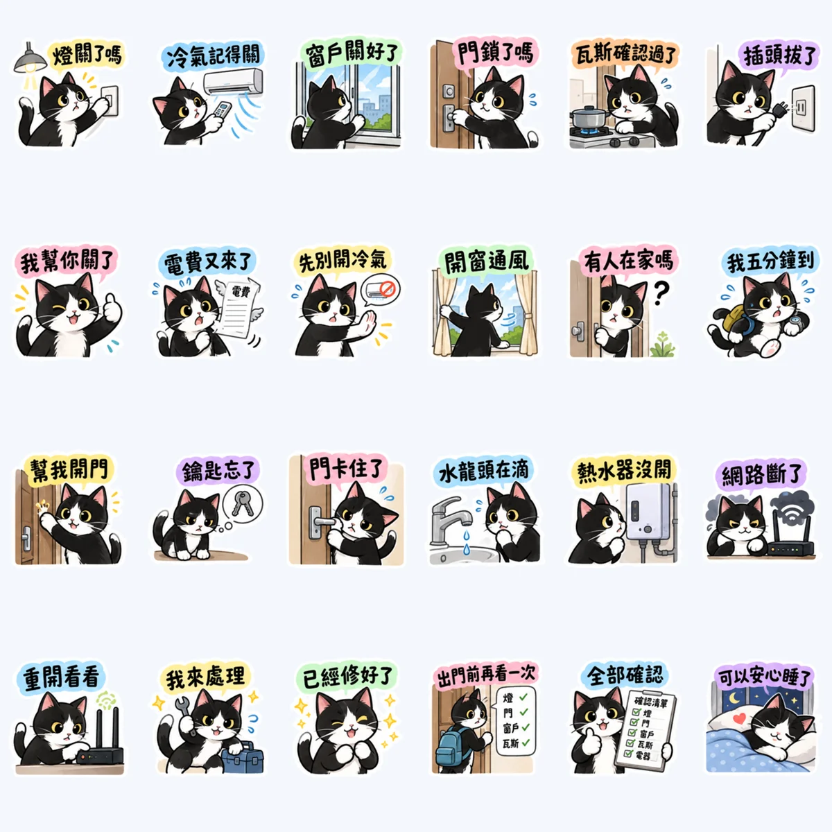 แมวขาวดำเช็กความเรียบร้อยในบ้าน — ตัวอย่างครบ 24 ภาพ